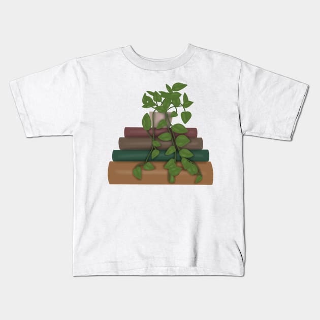 Plant on book stack Kids T-Shirt by Becky-Marie